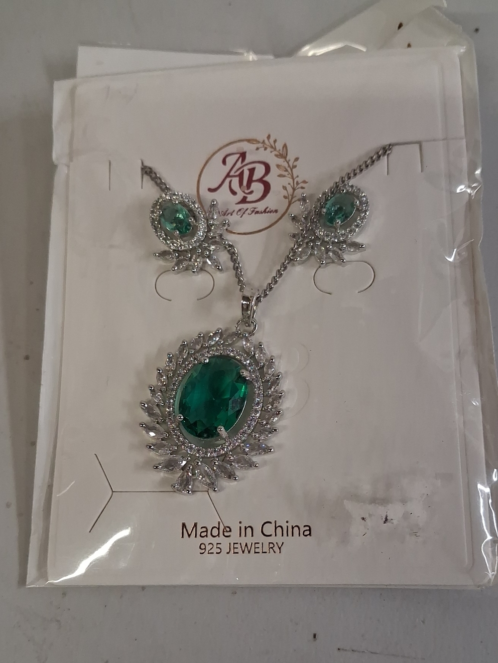 NWT AB Art Of Fashion Jewelry Set, Oval Green Stones & CZ Crystals